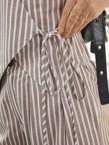 Women's Spring/Summer Striped 2-Piece Set, V-Neck Tie Waistcoat Vest And Straight Leg Pants, Fashionable For Commuting - Multicolor - View 5