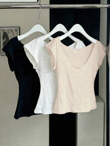 INAWLY 女士纯色圆领休闲百搭日常穿搭T恤 - 彩色 - 查看 1