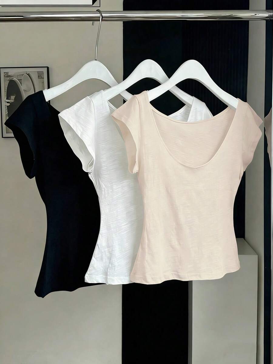 INAWLY 女士纯色圆领休闲百搭日常穿搭T恤 - 彩色 - 查看 1