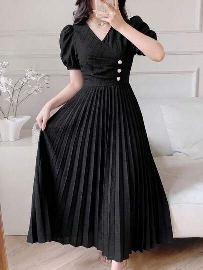 SHEIN Teen Girls Spring & Summer Dresses, New Year, Valentine's Day - Clean Girl/Elegant Pink Holiday Long Sleeve Pearl Button Decor A-Line Maxi Dress, Princess Dress, Wedding Season Vintage//Beach/Sea/Elegant Dress