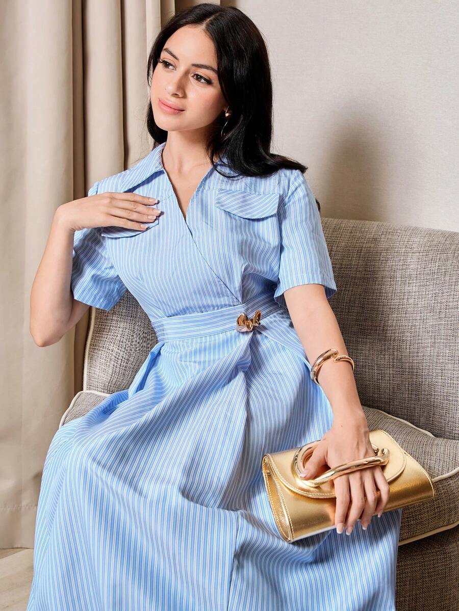 Modelyn Elegant Striped Shirt Collar Dress For Commuting - Blue and White - View 1
