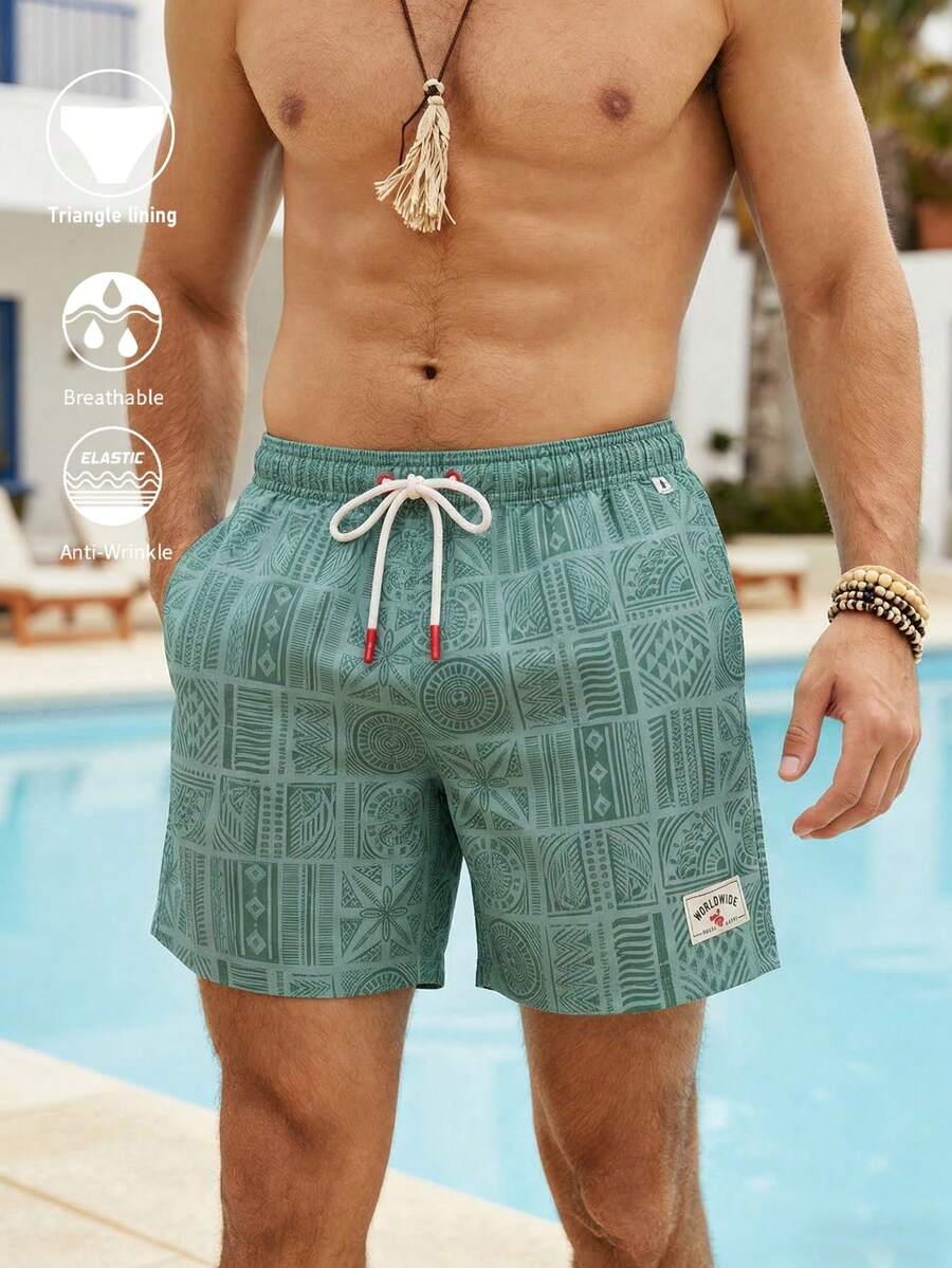 ZELFYO Men's Beach Vacation Casual Printed Swim Trunks - Green - View 1