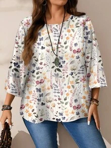 Mellowie 大码印花休闲简约圆领七分袖衬衫，适合秋冬季节，女士时尚上衣 - 彩色 - 查看 5