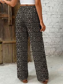 SHEIN Frenchy 黑色底色豹纹和花卉印花女士休闲系带直筒裤，适合夏季、度假穿着，百搭 - 彩色 - 查看 2