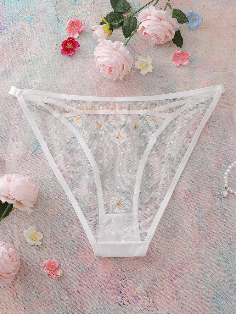 SHEIN 大码浪漫花卉刺绣网纱拼接透明撞色内裤 - 白色 - 查看 2