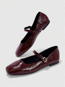 CUCCOO BIZCHIC Women's Square Toe Buckle Design Flat Loafers - Burgundy - View 3