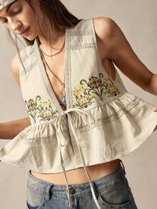 Bohemela Women's Casual Woven Printed V-Neck Tank Top - Apricot - View 2