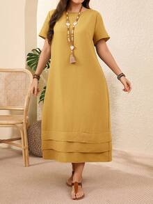 EMERY ROSE Plus Size Solid Color Short Sleeve Casual Vacation Dress Spring Outfits For Women Vacation Country Sage Green - Mustard Yellow - View 4