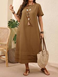 EMERY ROSE Plus Size Solid Color Short Sleeve Casual Vacation Dress Spring Outfits For Women Vacation Country Sage Green - Mocha Brown - View 3