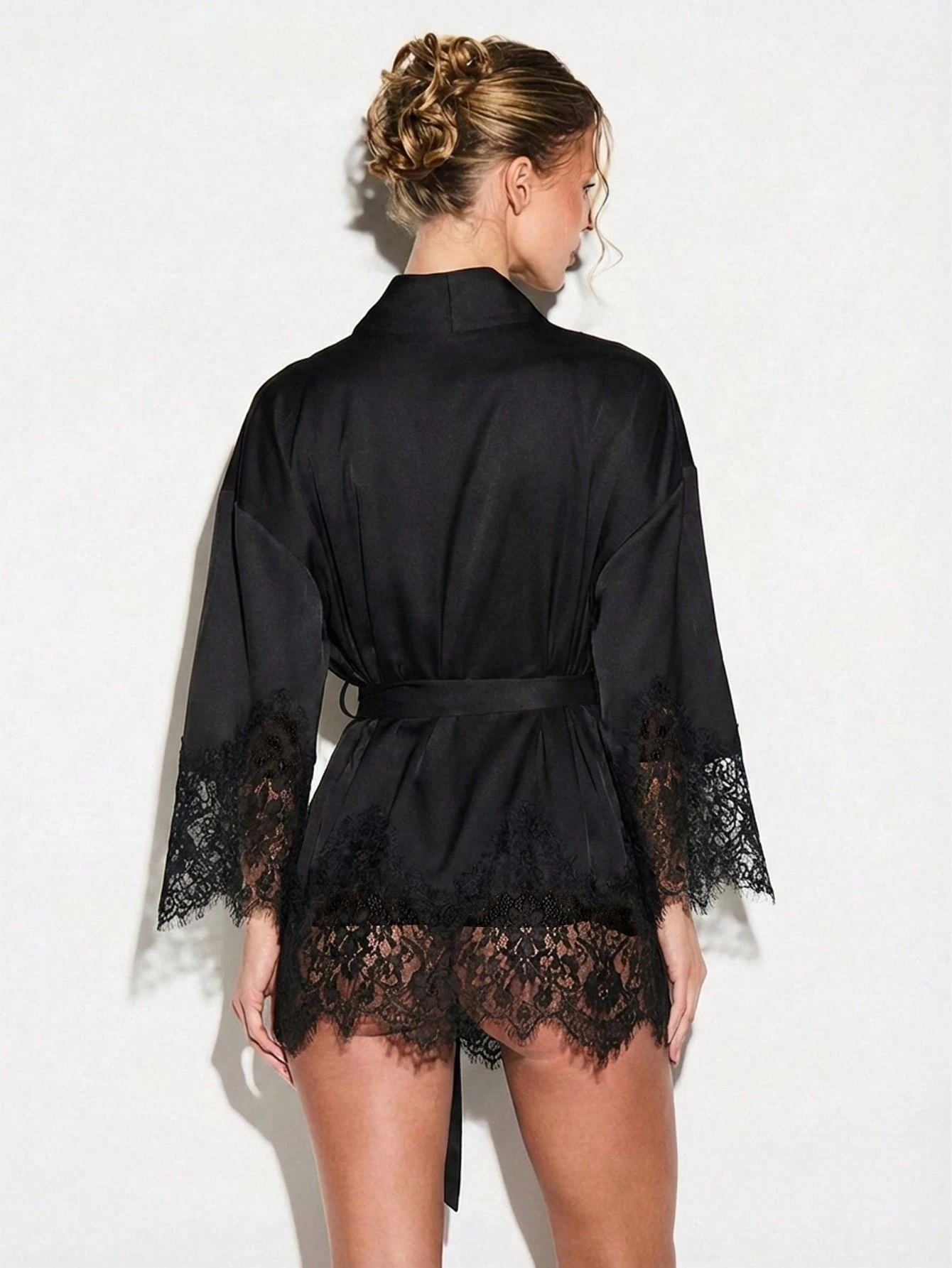 KIZN Black Satin Lace Trim Night Robe