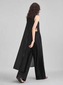 Ontre Bộ trang phục tốt nghiệp 2026SS, hàng mới về năm 2025, quần áo nữ mùa hè, trang phục nữ, áo dài không tay cổ tròn dáng suông, hơi xuyên thấu, cài cúc bên hông, phong cách thành thị, trang phục công sở thường ngày thời trang. - màu đen - Xem 2