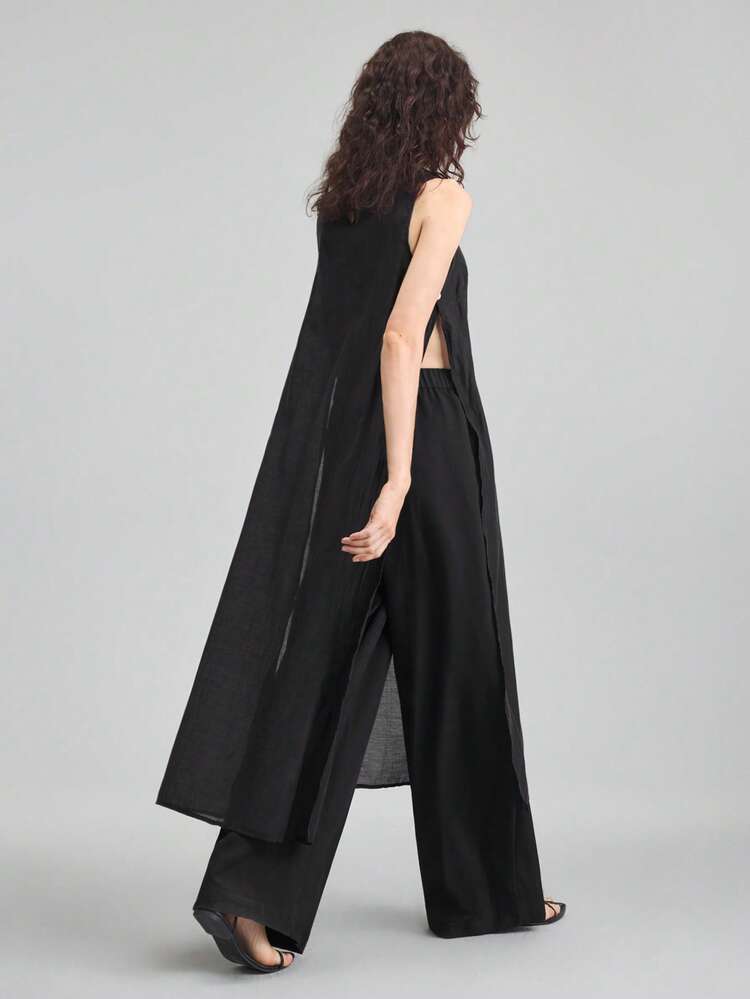 2026SS Sheer, Graduation Outfit, 2025 New Arrival, Summer Women's Clothing, Women's Apparel, Urban Style Round Neck Sleeveless Semi-Sheer Side Button Long Blouse, Fashionable Casual Business Attire