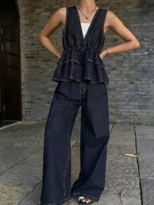 FRIFUL Women's Sleeveless Layered Ruffle Hem Tank Top And Wide Leg Elastic Waist Jeans Casual Suit, Suitable For Urban Leisure Wear - Blue - View 2