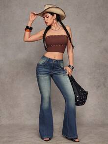 Jeanoix Women's Casual Washed Low-Waist Flare Jeans - Blue - View 7