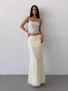 Aloruh 优雅浪漫刺绣网纱拼接半身裙，适合婚礼、约会、情人节等场合，低腰刺绣鱼尾长裙，优雅假日裙 - 杏色 - 查看 8