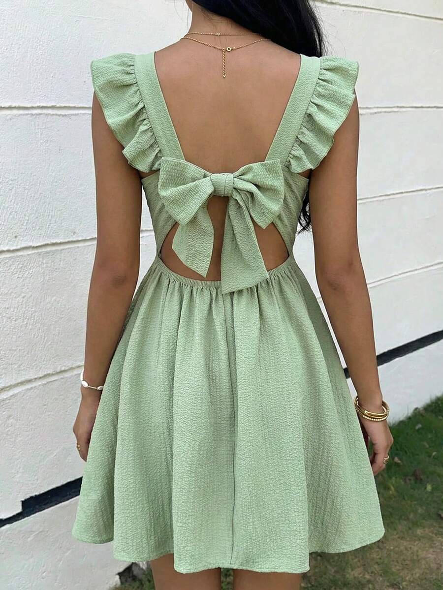 SHEIN Đầm dệt màu xanh ô liu trơn, cổ vuông, không tay, tay ngắn, có chi tiết cắt hình bướm ở lưng, thích hợp cho kỳ nghỉ, lễ hội, ăn trưa, lễ hội âm nhạc. - màu xanh lá - Xem 1