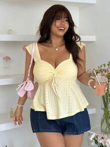 GalTyme 加大码黄色休闲前抽绳镂空刺绣背心 - 淡黃色 - 查看 6