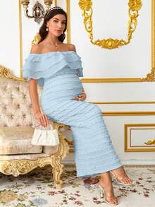 SHEIN Maternity Off-Shoulder Ruffle Trim Textured Fabric Long Dress For Summer - Baby Blue - View 5