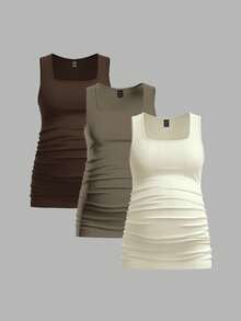Modmama 3pcs Maternity Women's Solid Color Slimming Tank Tops, Casual & Simple, Perfect For Summer - Brown - View 5