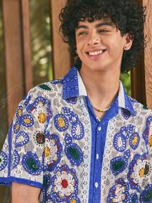 Open Phase 男女通用印花衬衫，米色上衣，几何图案，波西米亚风，夏威夷风，情侣衬衫，格子镂空，休闲外向，年轻人，休闲度假衬衫，情人节礼物，短袖，夏威夷风 - 藍色 - 查看 6