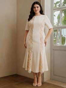 大码女士优雅纯色圆领短袖蕾丝拼接半透明收腰连衣裙 - 白色 - 查看 3