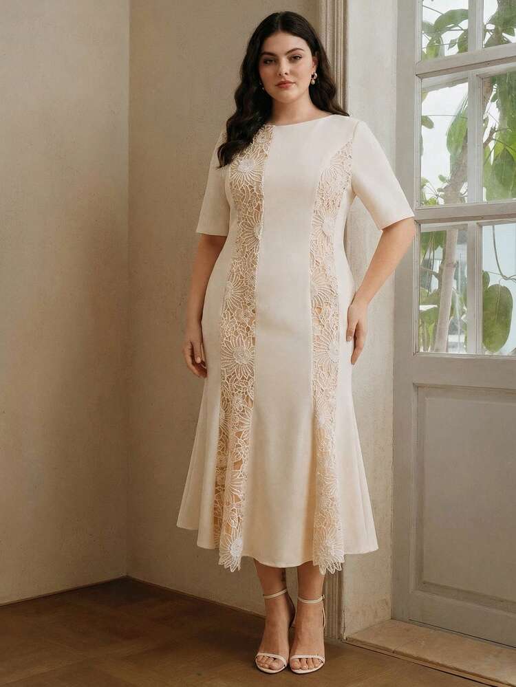 Vestido de mujer talla grande de unicolor elegante con cuello redondo, manga corta, parches de encaje semitransparente y cintura ceñida