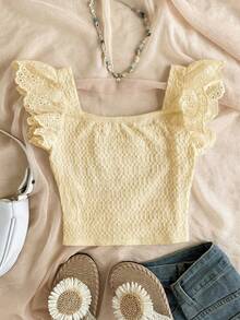 SHEIN Tween Girls' Casual Vacation Home Patchwork Embroidery Lace Textured Knit Fitted Cropped Square Neck T-Shirt, Yellow - Yellow - View 2
