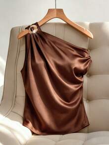Franclia Khaki Satin Asymmetric Shoulder Sleeveless Top For Women, Plus Size Loose Fit Stylish Design Elegant Tank Top - Brown - View 1