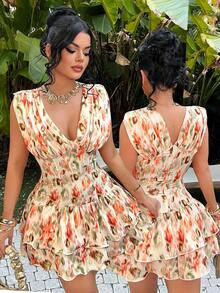 SHEIN SXY Floral Print Vacation Cake Mini Skirt Sundress - Multicolor - View 1