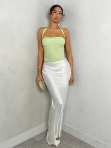 Glamine 绿豆色性感露背褶皱无袖背心，外出背心，女士派对上衣，节日嘉年华背心，毕业季上衣，基础款上衣，Y2K风格，亮丽色彩，街头风，夏季度假上衣 - 綠色 - 查看 4