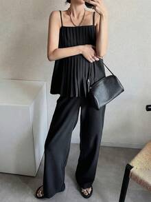 FRIFUL 女士纯色褶皱吊带背心和阔腿裤休闲两件套家居服套装，夏季女装 - 黑色 - 查看 5