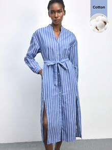 Maija Outfit Deas For Dress,Women's Striped Long Sleeve Single-Breasted Side Slit Hem Casual Mid-Length Dress Blue Vertical Stripe Dress Women Blue Striped Shirt Dress Striped Shirtdress Casual Long Sleeve Midi Dress Long Sleeve Summer Dresses,Vacation Outfits Women,Summer Holiday Outfits ,Beach Vacation Outfits For Women - Blue - View 8