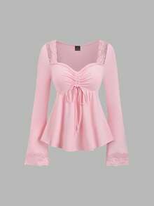 Sweetra Y2K Sexy Patchwork Versatile Loose Fit Long Sleeve T-Shirt, Suitable For Commuting In Autumn - Pink - View 3