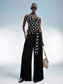 Aveloria GENKIRA European And American Style Spring/Summer New Fashion Versatile Black & White Contrast Polka Dot Print Mesh Draped Neck Top Paired With Polka Dot Wrap Tie Waist Loose Long Pants Casual Street Style Women 2-Piece Set - Multicolor - View 4