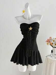 Sweetra 女士黄色针织提花金属海星装饰荷叶边下摆修身迷你连衣裙，春夏款，适合度假、海滩、波西米亚风、优雅派对、浪漫约会、日常百搭穿着 - 黑色 - 查看 3