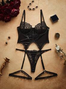 SHEIN Floral Lace Underwire Garter Lingerie Set - Black - View 8