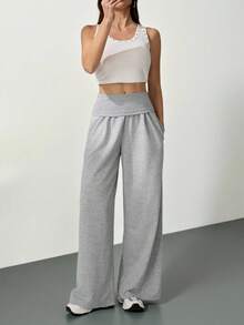 SHEIN Tall 超宽腿翻折腰裤，休闲夏季机场秋冬款 - 灰色 - 查看 2