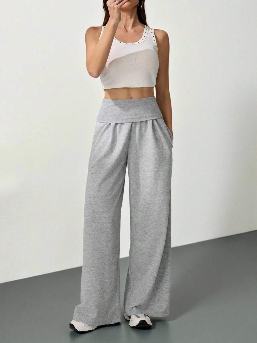 SHEIN Tall 超宽腿翻折腰裤，休闲夏季机场秋冬款