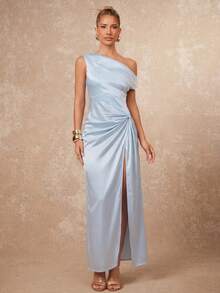 Lumalex VITNOS 不对称褶皱露背高开衩连衣裙 - 淺藍色 - 查看 5