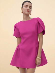BELROSIE Italian Style Tulip 3D Short Sleeve Round Neck Peplum Hem Split Skirt Women Short Princess Dress - Rose Red - View 6