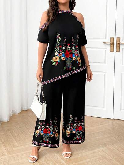 SHEIN Tall CURVE 大码女式复古印花休闲优雅度假波西米亚风露肩不对称下摆上衣和简约长裤两件套