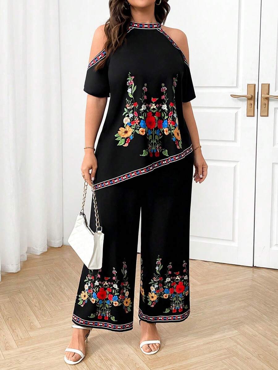 SHEIN Tall CURVE Plus Size Women's Retro Print Casual Elegant Vacation Bohemian Off-Shoulder Asymmetric Hem Top And Simple Long Pants 2-Piece Set - Black - View 1