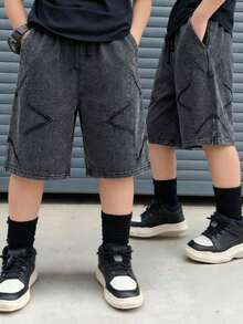 Tween Boys' Street Life Black Summer Casual Star Pattern Drawstring Waist Pocket Shorts,Snowflake Texture Fabric,Suitable For School,Vacations - Black - View 3