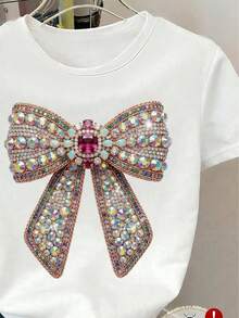 Blusa de manga corta con estampado de mariposa para niñas preadolescentes, casual y cómoda para primavera/verano, atuendo versátil para actividades al aire libre, picnics, fotografía callejera, vacaciones, días festivos y regalos - Blanco - Ver 3