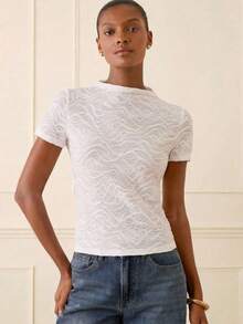 Lilora Women's Stand Collar White Short Sleeve T-Shirt,Summer Elegant Lace Mesh Top For Work,Casual Versatile Pointelle Eyelet Structured Top For Daily Wear - White - View 6
