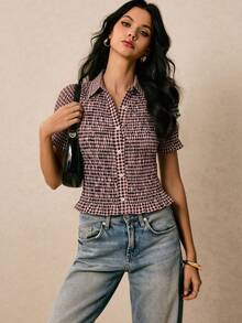 Poéselle Women's Plaid Cardigan Shirt With Ruffled Elastic Sleeves - Dusty Pink - View 1