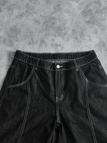 Manfinity ZONE917 男士休闲时尚街头撞色缝线宽松阔腿牛仔裤，不含腰带，垃圾摇滚 - 黑色 - 查看 4