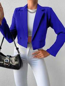 SHEIN Cottnline Women's Solid Color Long Sleeve Two-Button Short Casual Blazer - Royal Blue - View 3