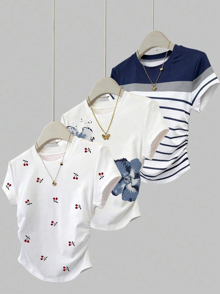 SHEIN Bộ 3 áo thun nữ mùa hè mới, họa tiết hoa quả anh đào và sọc. - Nhiều màu - Xem 1