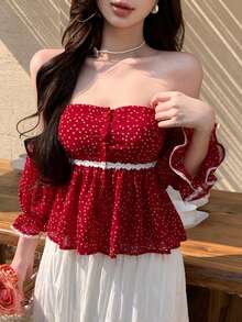 Joudiya Áo kiểu chấm bi đỏ mùa xuân hè với viền ren xếp nếp, thiết kế khoét lỗ, trễ vai, dáng ngắn, thắt eo, tay ngắn, phong cách thường ngày đi nghỉ mát biển. - Đỏ - Xem 9